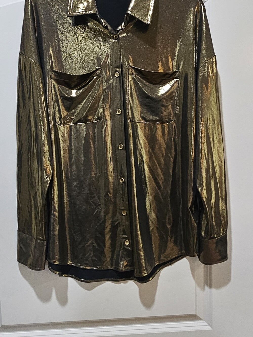 Fate Shiny Metallic Gold Button-Front Blouse
